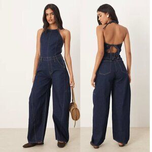 Abercrombie & Fitch Halterneck Denim Jumpsuit Barrel Leg Indigo Large